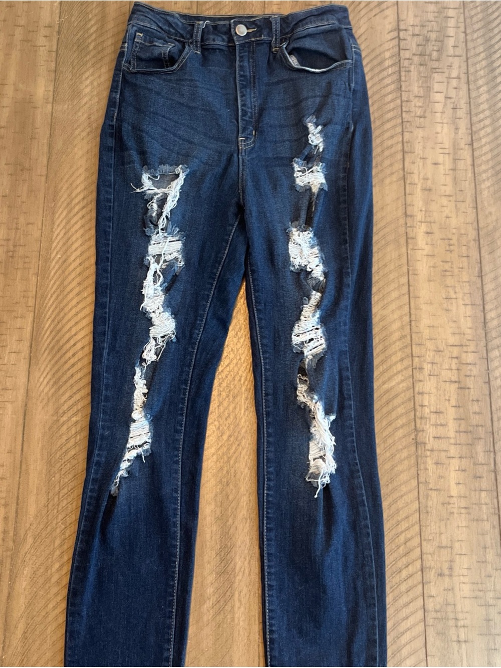 Fashion Nova Dark Blue Distressed Skinny Jeans